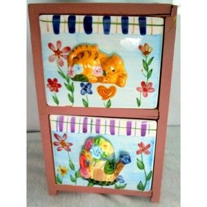 Decorative Wood Ceramic Two Drawer Jewelry Chest Trinket Box Cat Floral Design